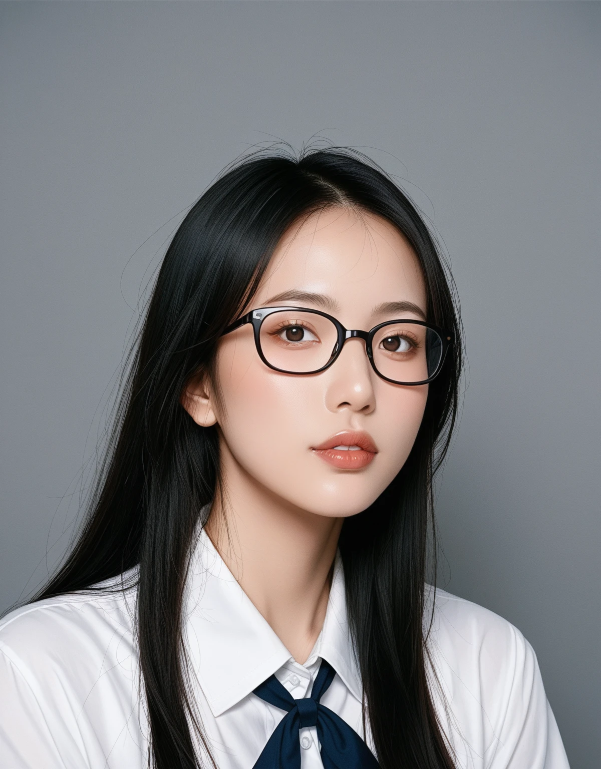 (best quality, masterpiece:1.2), white background, realistic, crew neck, closed-neckline, pants, (business jacket:1.2), (brown hair:1.2), big eyes, beautiful woman, smile, eyelashes, highly detailed face, glasses, fierce look, angry look, (ao dai: 1.2)