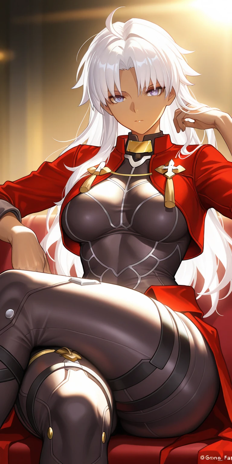 Lancer Artoria body (Alexis Texas Face), elegant adult female, blonde, green eyes (yellow eyelashes) crown, turtleneck, full body sitting on a bench, showing ass to me, RED breastplate, RED skin (1SologirlRED skin:1.2), looking at viewer, shiny, armor, thigh highs, high boots, pauldrons shoulder armor, faulds, poleyn, RED gloves gauntlets, rerebrace, RED military armored boots, yordle muscular lean platinum blonde long twin tails hairstyle at the bedroom lustful smirking smile face red blushed, blush, strong abs, female body builder, tiara, twin drills hair, (masterpiece, best quality, ultra detailed, best shadow)
