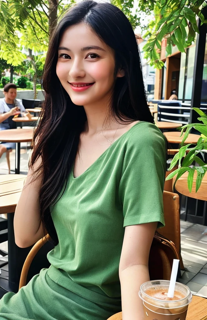 frontal photo Looking straight into the camera,8k quality,, Close-up photo of a cute Korean woman,Chest size 34 inches, His long hair flowed up.,) ponytail, Wear a dark green t-shirt., necklace, Inside the coffee shop, Taken with a high quality camera 45,000,000 pixels, realistic light colors,
