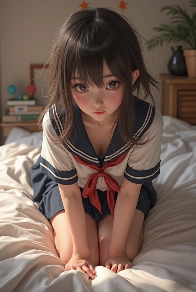 3D illustration、Wearing a soccer uniform with an embroidered logo、Junior high school girl with small breasts、Sweaty and looking happy、Her nipples are visible and protruding、Lying on the bed、Low - Angle、The uniform has an embroidered logo、indoor、