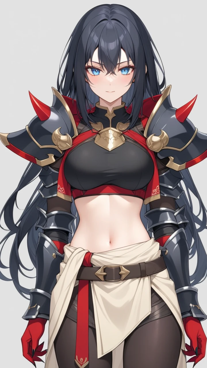 1girl, anime, cute girl, blank background, white background, fantasy, detailed fantasy dress with highlights, beautiful face, beautiful eyes, dark colors, black hair with multicolor streaks, red eye with different color pupil in eye, multicolor eye, medium small breasts (slightly big), slight cleavage, beautiful skin, cute, breast curtains, extremely delicate and beautiful, (beautiful detailed face:1.0), (detailed deep eyes), symmetrical breasts, deep eyes, shiny skin, portrait, slender waist, hips wider than shoulders, thighs, expressionless, young girl, luminous eyes, adorable,(Kpop idol),(aegyo sal:1),(Platinum blonde hair:1),((puffy eye)),Black panty,sexy posture,Superskirt, ultra high resolution,Black collar,slim figure, Abdominal y tattoo, womb tattoo,Tight-fitting leg ring,y tattoo on half-body,Bare skin, Armored hand,Hidden fingertips,Hand covered,Arm covered,Fist covered,{{beautiful detailed fingers}}, tufts of hair, moderate beautiful breast:1.0,(masterpiece:1.2), best quality, high-res, HDR, perfect face, intricate armor, delicate blue filigree, intricate filigree, red metalic parts, detailed part, dynamic pose, dynamic lights,