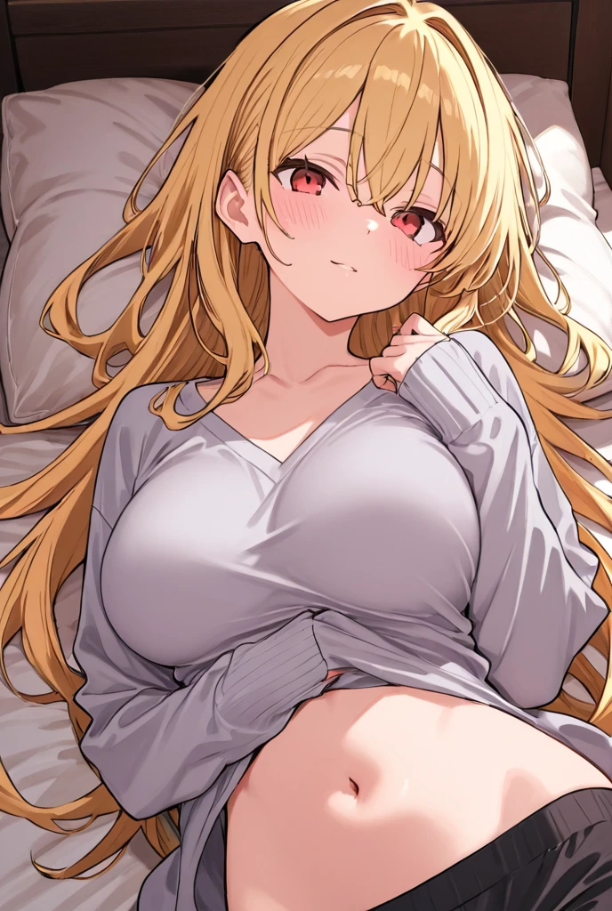sweat, full-face blush,corruption, looking at viewer, (happy, smirk,smug, teeth,smile ), sitting, on bed, hotel room, nightgown,see-through, heavy breathing, wariza, 
 kitagawa marin, very long hair, multicolored hair, blonde hair, red eyes, gyaru, large breasts, makeup,, (masterpiece),(best quality),extreamly delicate and beautiful,illustration,absurdres,(realistic:0.4), high quality,, 1girl, solo,solo_focus,