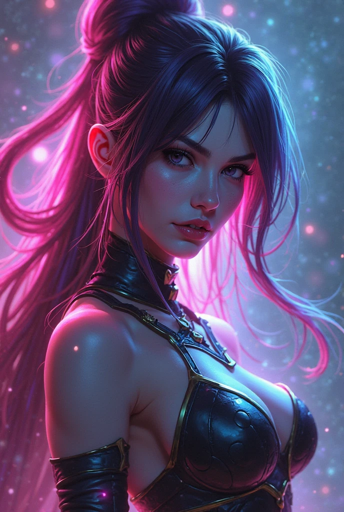 ultra detailed illustration female character, (focus on cute face) anime villain character wearing dark clothes, ultra detailed futuristic city environment, surrounded by iridescent soap bubbles, floating hair, very colorful, lots of colors, vector art by MSchiffer, ((motion effects)), crazy looking villain, league of legends merged with darkest dungeon, ((bold gothic makeup)), dark auburn/ginger hair in ponytail, miniskirt, crop top