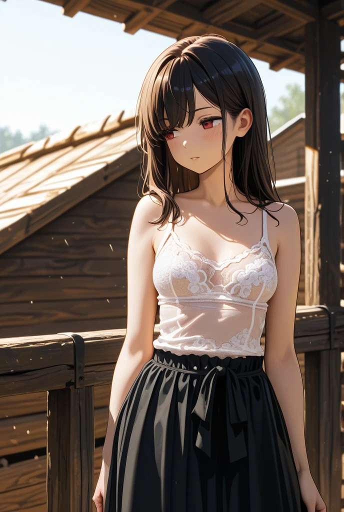 (masterpiece), best quality, 1girl, , 8-year-old, cute petit girl, flat breast, black hair, very long hair, looking at viewer,
No wearing bra, No wearing panties, Nipples protruding through the clothes, covered erect nipples by the lace ruffles, breast is visible lower the ruffles, strapless tank top, white lace clothes, exposing the collarbone, navel, exposing the waist, I can't see the string around her waist,
she are wearing hot pants, Denim micro mini shorts, extreme low leg cut shorts, extreme low rise shorts, extreme short shorts with V-line visible, shorts are unbuttoned, she are zip down the shorts, open the front of shorts, she pulls down her shorts, her crotch is visible because she takes off her shorts, pussy is visible, she are inserting dildo to vagina under the shorts, white thigh high socks,
downtown,