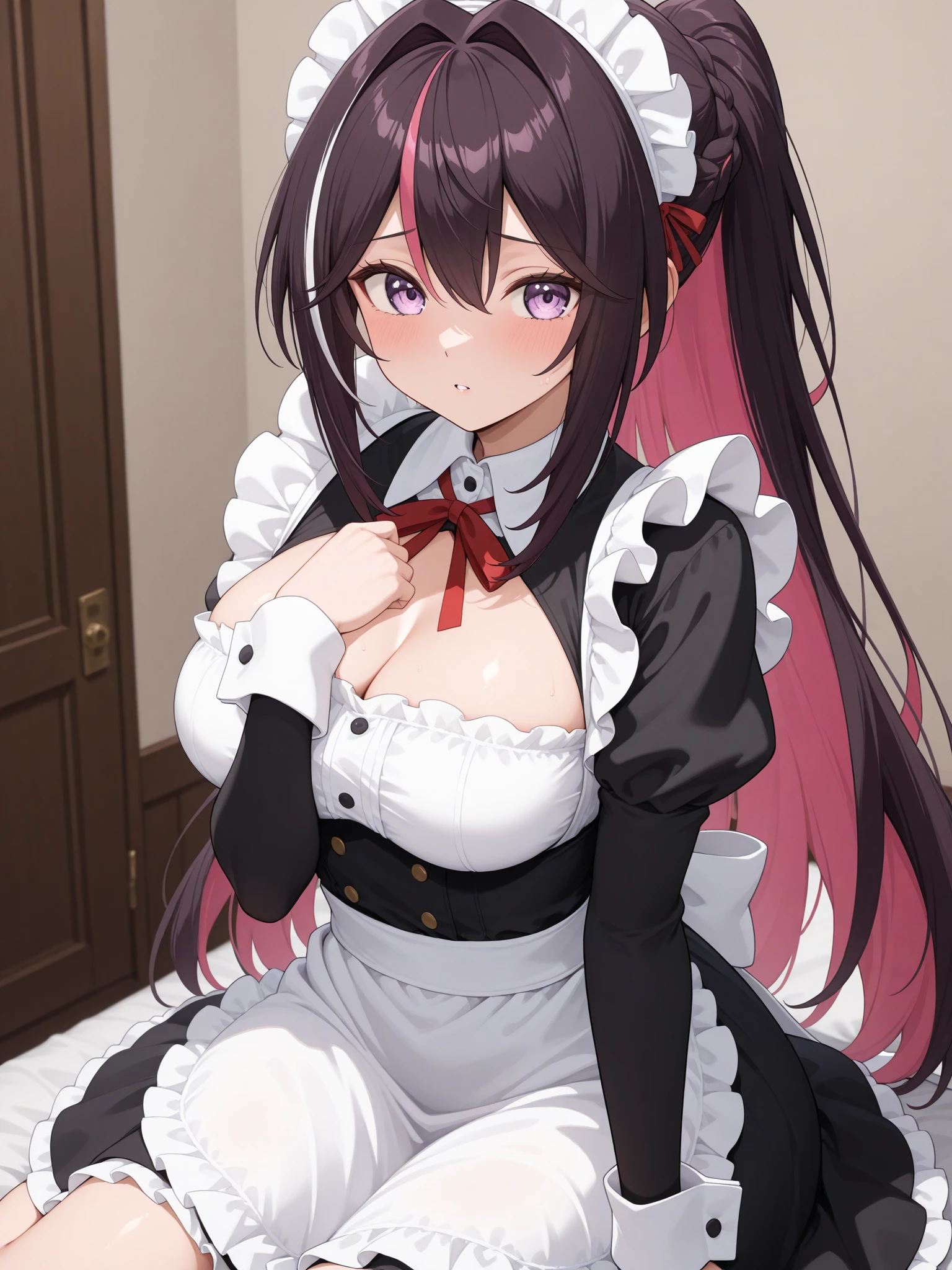 Draw Genshin Style, Adult girl, maid outfit, Black hair is long with pink tips,black bangs, perfect hands, tongue out