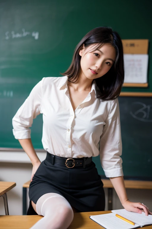 High resolution, High level image quality, high detail, masterpiece, rough skin, anatomically correct, sharp,
classroom background
((japanese mature, 50 years old)), alone, ((facial wrinkles)), good shape big breasts, Straight light brown hair that reaches to the shoulders, Chubby body type,
(((write on the blackboard, Rear view))), Staring straight ahead with an open mouth and a tired face, ,Classy blouse, skirt,