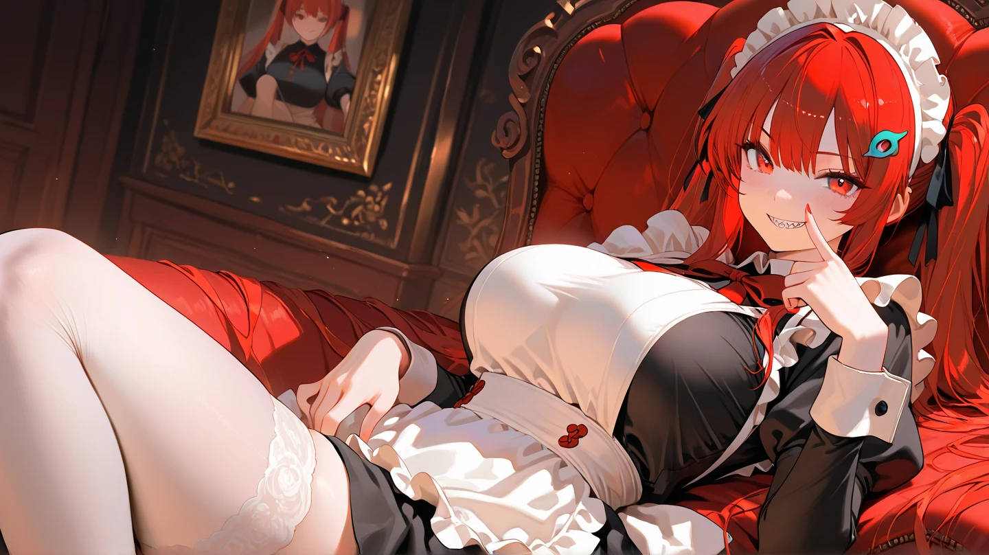 (Masterpiece), (best quality), Anime Style 4K, ((((Solo)))), ((Female with extremely messy layered red hair)), ((long hair)), ((black and white maid dress)), (showing cleavage), ((red eyes)), (nervous), ((sexually suggestive)), ((Curvy)), ((shy poses)), ((looking at viewer)), (maid cafe), (thick thighs), (stockings), ((beautiful bar)), (slightly above view), (((Nao Egokoro)))