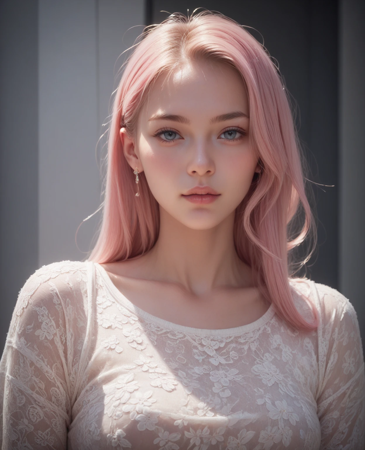 girl,fit,thin white dress,Japanese face,long hair,light pink hair,blue eyes,The breasts are not very large.,Not plump,Pink cheeks