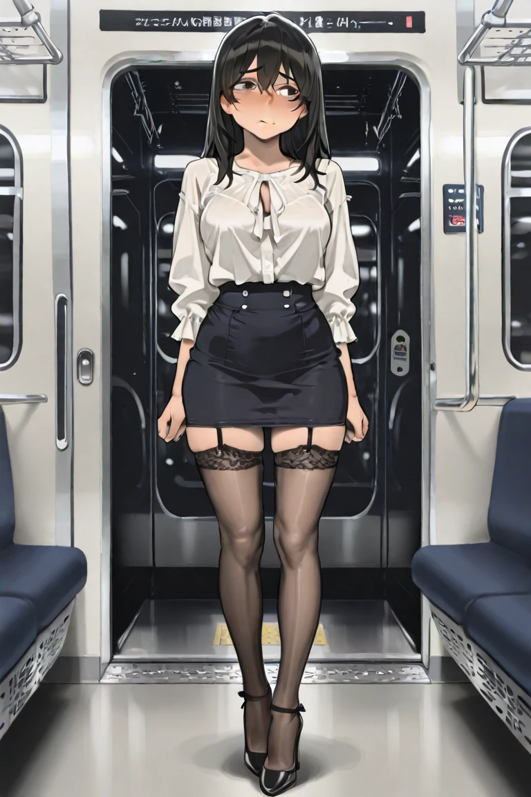 Inside the bus,on the bus seat,Adult women、Gal、Bad look in the eyes、,Long black hair,Wet Hair、dissatisfaction,Sulky,Completely naked,T-Shirts、short boots、blush、Rape in standing back、Creampie.Urinating、Sweat、Sperm on it