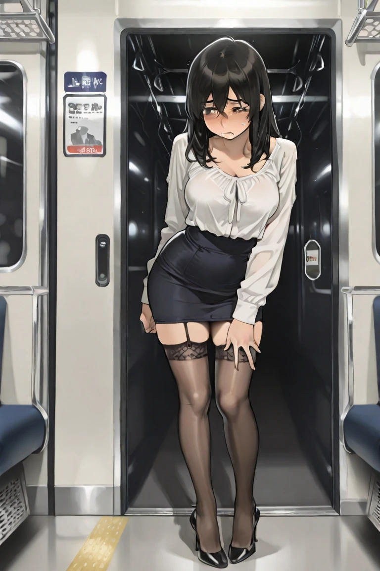 Full body portrait、Realistic、Gray ladies office suit、thin、skinny、thin脚、Black Short Hair ,Tuck your hair behind your ears、Black pumps、{{{Beige pantyhose}}}、blush、sitting in a train seat,  front、Lace panties, Grey tight mini skirt, masterpiece, Highest quality、Daytime