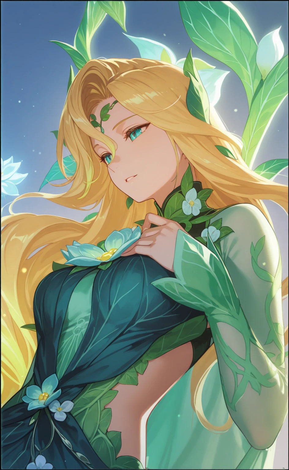 ((illustration)), (best quality)), ((masterpiece)), (detailed), image cover, 1woman, adult, slim, sexy, big breast, white background, blond, leaf dress, fairy, butterfly wings, close-up, front view,
