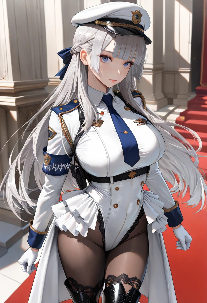 （masterpiece,8K）A long shot of a beautiful girl with long silver hair and large bust standing in military uniform.