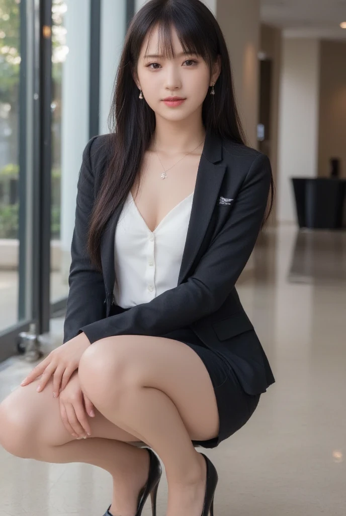(((Medium hair))), Best quality, 8K, HDR, High resolution, full body photo Close-up photo of the shin, Blurry background, Bokeh:1.2, Photography, (RAW photo:1.2), (Realistic: 1.4), (masterpiece:1.3), (complicated details:1.2), 1 girl, single, delicate, beautiful, (detailed eyes), (detailed face), hair in one eye, purple eyes,Golden blonde hair, bob, side bangs, sitting, sharp eyeliner, blush eyeshadow with thick eyelashes, very delicate and beautiful. , round chin, 100 cm round earrings, sharp eyes, letter choker, diamond necklace, (symmetrical eyes)(perfectly symmetrical body) photo of a beautiful 20 year old girl, beautiful and charming with contemporary fashion drawings as well....., look at the person view,flat stomach, (((Perfect breasts))), tight, (looking_at_viewer), from_front, (thin), (best quality: 1.4), (ultra high resolution: 1.2), movie studio lighting, (illustration at Very detailed), (lip gloss, best quality, ultra high resolution, depth of field, caustic, wide exposure, natural shading, 85mm f/1.4, ISO 200, 1/ 160s:0.75), belt 3.5 cm, sitting on a study table. Raise one left leg on tiptoe. Allow your right leg to open freely at eye level,wearing engineering boots. Dynamic pose, smile, ((mahalaiuniform,white shirt short sleeves covered with a (((Dark blue short sleeved lab coat))))), Open your chest, show your chest,