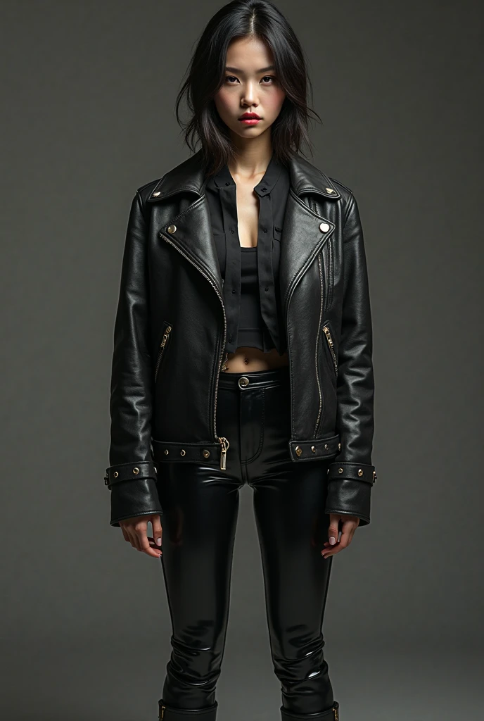 the Extremely Detailed CG Unity 8K Wallpapers、top-quality、ultra-detailliert、​masterpiece、studio shoot、Full body portrait、(New York punk fashion in the 70s:1.4), large full breasts、Studsbelt、Stud Bracelet、Silver Accessories、ramones, New York Punk、realisitic、Behind the photo、large full breasts、realisitic、Photo Real、extremely detailed cute girl、独奏、17 age、Melancholy look, (cbgb,In the background of the exterior of the live house:1.4), A dark-haired, out of focus、blur、