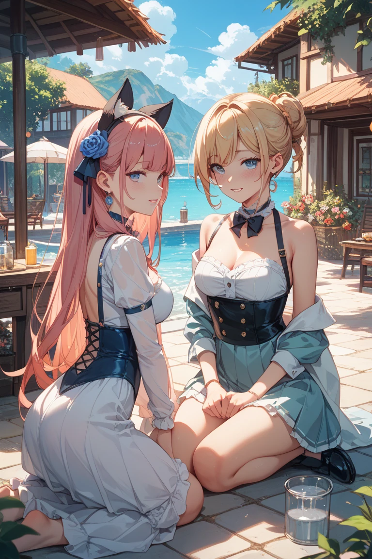score_9, score_8_up, score_7_up, source_anime, a man and woman sitting together eating ice cream, outdoors, table, sky, cloud BREAK
1boy, sitting, smile, holding ice cream cone, <lora:EPfeRosadoPony:1> EPfeRosado, otoko no ko, blue hair, multicolored hair, blue eyes, very long hair, pink hair, twin drills, drill hair, cone hair bun, hair bow, covered navel, black gloves, black bodysuit, skirt, armor, choker, pink legwear BREAK
 1girl, sitting, eating popsicle, <lora:GoldmaryFE-pdxl:1> defGoldmary, braid, hair ribbon, black corset, cleavage, large breasts, mole on breast, gloves, yellow skirt, pantyhose