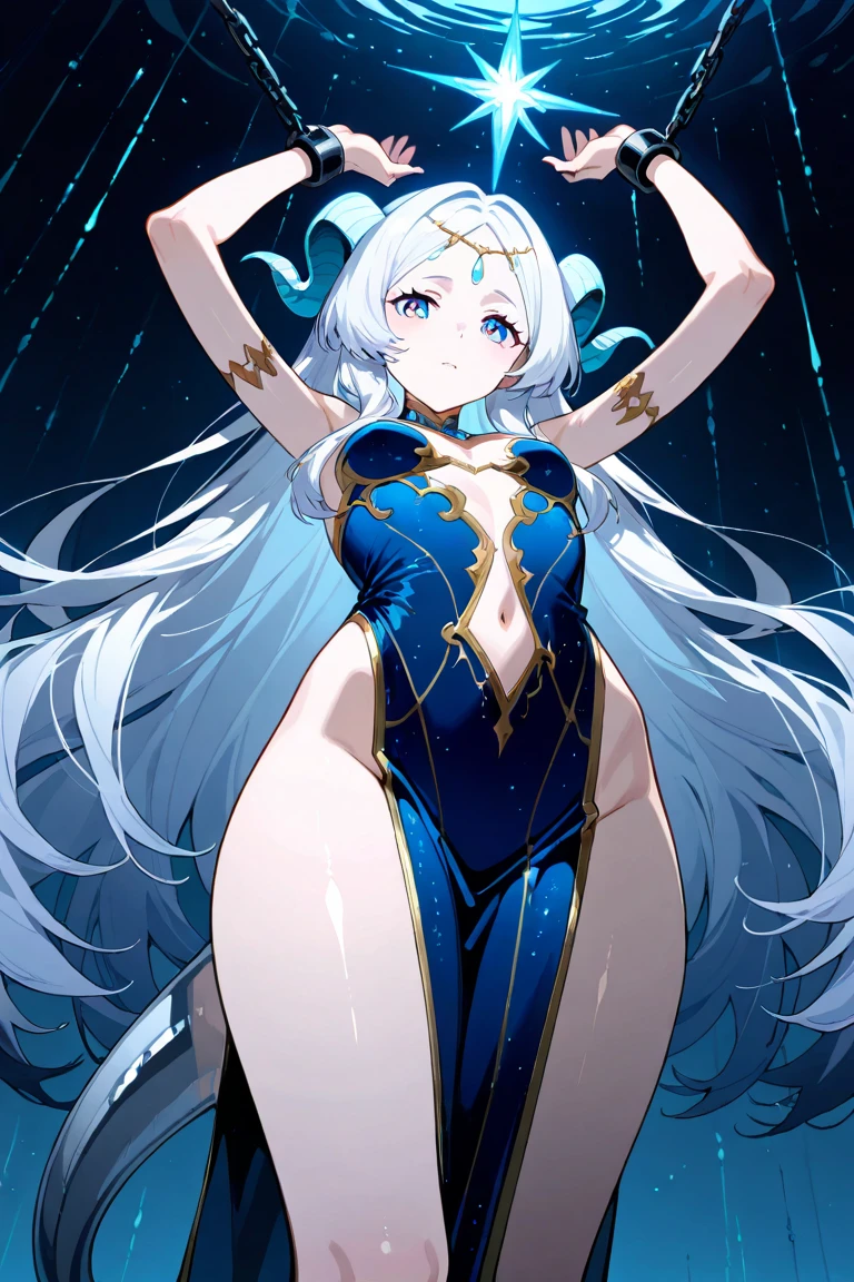 Female oni,big breasts, blue coloured horns ,wearing a black and blue double slit dress ,medium-sized hairs ,white hairs,looking down at viewer