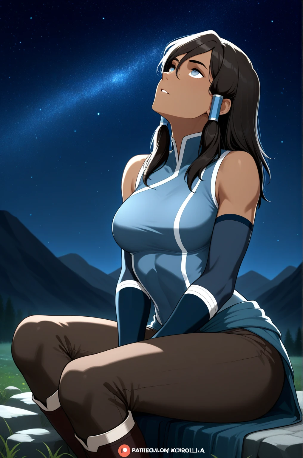 masterpiece, best quality, 1girl, korra, casting circe of fire arround her, solo, dark skin, blue eyes, brown hair, dark-skinned female, fire, hair tubes, dark, ponytail, long hair, topknot, (gigantic breasts), bare shoulders, serious, closed eyes, meditating, sitting, avatar meditation,