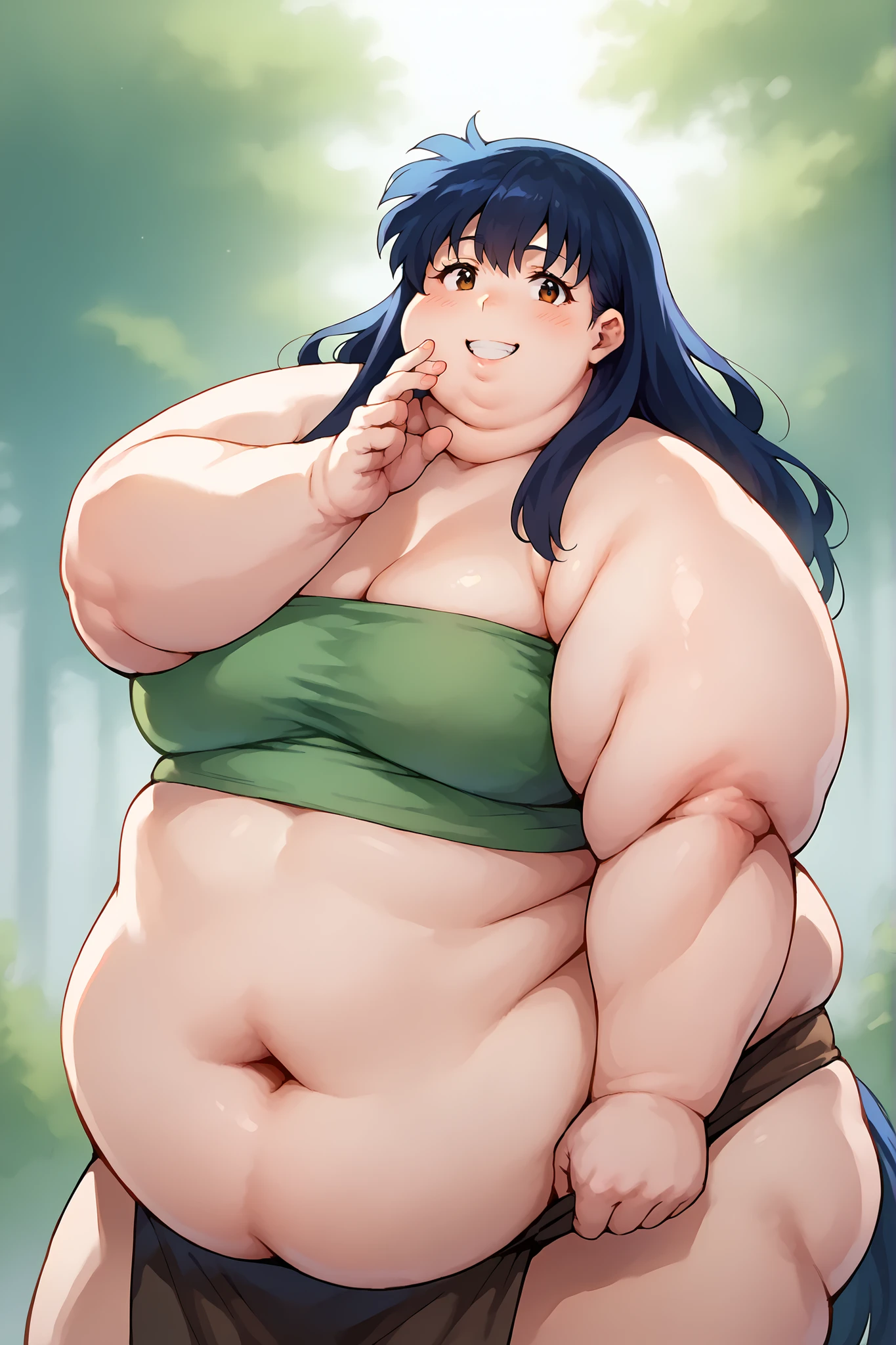 portrait, sharp focus, soft lighting,, , illustration, depth of field, (bloom:0.4), kagomexl, long hair, black hair, brown eyes, bangs, smile, fat, chubby, obese, green tube top,loincloth, a mawashi, sumo wrestler, shiko dachi stance, horse stance
