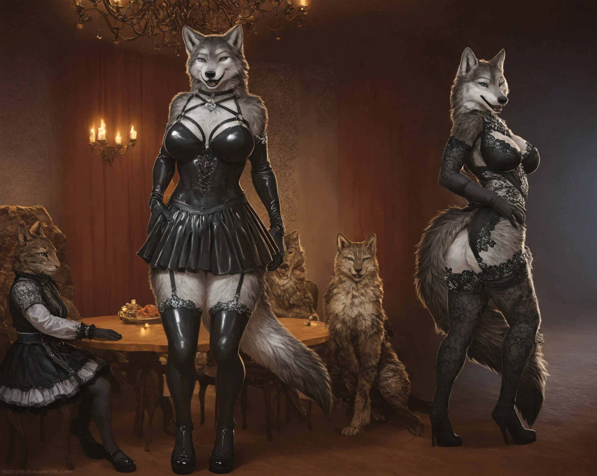 A harem of feminine gay black Jackals with large round breasts and a large veiny penises and huge testicles seductively posing in a bedroom, black penis, black skirt, big penis, huge penis, veiny penis, big testicles, Masterpiece, highly detailed image, highly detailed genitalia, 4k, 4k resolution, by Truegrave9, by Virtyalfobo, by Chunie, by Clockhands, thick theighs+, fluffy tail, long tail, looking pleasured+, inviting, feminine male, seductive eyes, bedroom eyes+, bubblebutt, big butt, huge butt, black anus, huge theighs, thin waist, black skin+, ebony skin+, perfect eyes, looking at viewer, plain background, choker, long black hair, theigh highs, stockings,