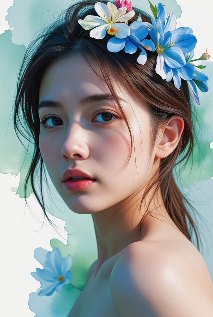 Gentle and charming Chinese beautiful woman, upper body photo, exquisite and sexy collarbone, charming oval face, double eyelids, smart peach blossom eyes, pink lips, small nose, bare shoulders, focused face, face close-up, ultra-high-definition, Super details, elegant stance, Korean style trendy badge denim jacket women&#39;s long-sleeved cropped jacket top, short style looks very neat, very slim