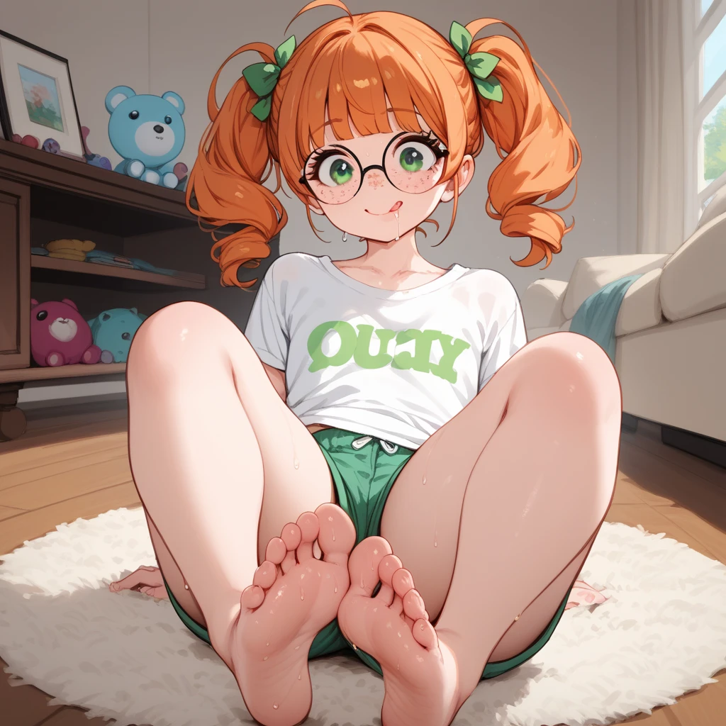 High quality very detailed clean image
1woman, milf, elf, citizen, crimson red hair tied in a ponytail with a pale white beautiful ribbon, 50 years old milf, fair skin, light blue green eyes, thin lips, medium big breasts, big butt, short pointed ears with tiny orange gems, kind smile, joy, dark blue square glasses, doing sits-up, pale yellow one piece leotard, beautiful legs, pink sport shoes, light green socks, little sweating, viking stailed modern house, viking stailed modern living room, windows, snow streets throught windows, pale orange floor