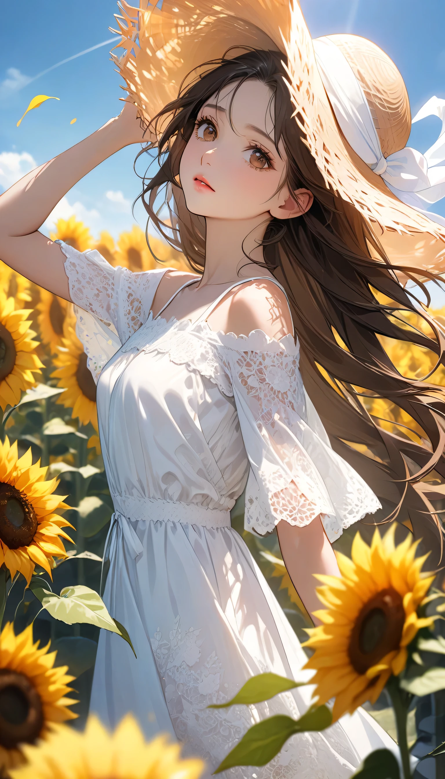 one female, ((Highest quality)), ((masterpiece)), (detailed), ((very detailed face)), High resolution photograph, full body portrait, slim face, pretty woman, (dark brown long hair), brown eyes, detail eyes, double eyelids, (Beautiful Delicate Eyes and Lips), Under the midday sun, bright sunlight, (wearing a white lace dress), relaxed dress, (Wearing a women's wide brim straw sun hat), In the sunflower field, standing in a dynamic pose, Bright light, (Her long hair is fluttering in the wind),
