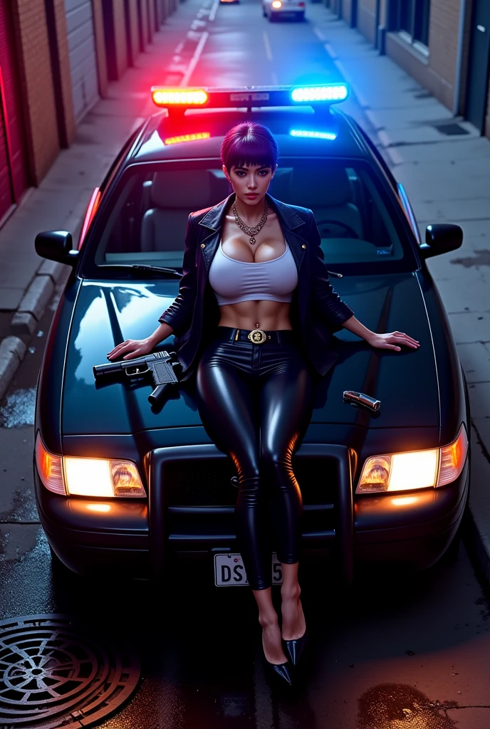 (((aerial view))), Blade Runner style year 1920s dark night street, neon lights, old cars, train, matrix style cascading codes. (((1girl, solo, alone))), large-breast:1.2 slim:0.6 body, cleavage:1.1, pubic hair, sexy lingerie with jacket, (black sunglasses), (((she raised a pistol:1.8 and shot:1.8 the viewer))), dynamic pose, (((half-body thigh level medium shot))), cinematic lighting, lens flare, ray tracing, fisheye lens.