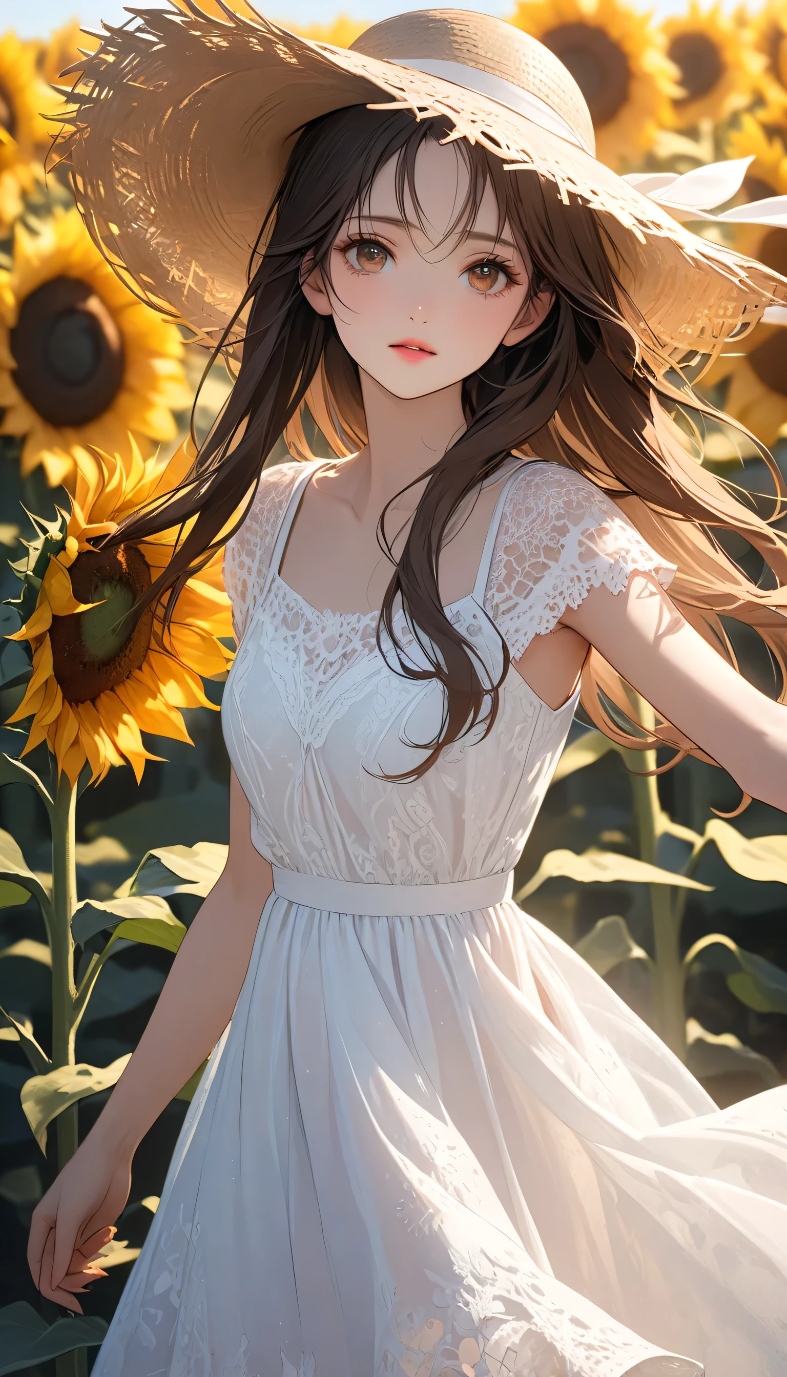 one female, ((Highest quality)), ((masterpiece)), (detailed), ((very detailed face)), High resolution photograph, full body portrait, slim face, pretty woman, (dark brown long hair), brown eyes, detail eyes, double eyelids, (Beautiful Delicate Eyes and Lips), Under the midday sun, bright sunlight, (wearing a white lace dress), relaxed dress, (Wearing a women's wide brim straw sun hat), In the sunflower field, standing in a dynamic pose, Bright light, (Her long hair is fluttering in the wind),