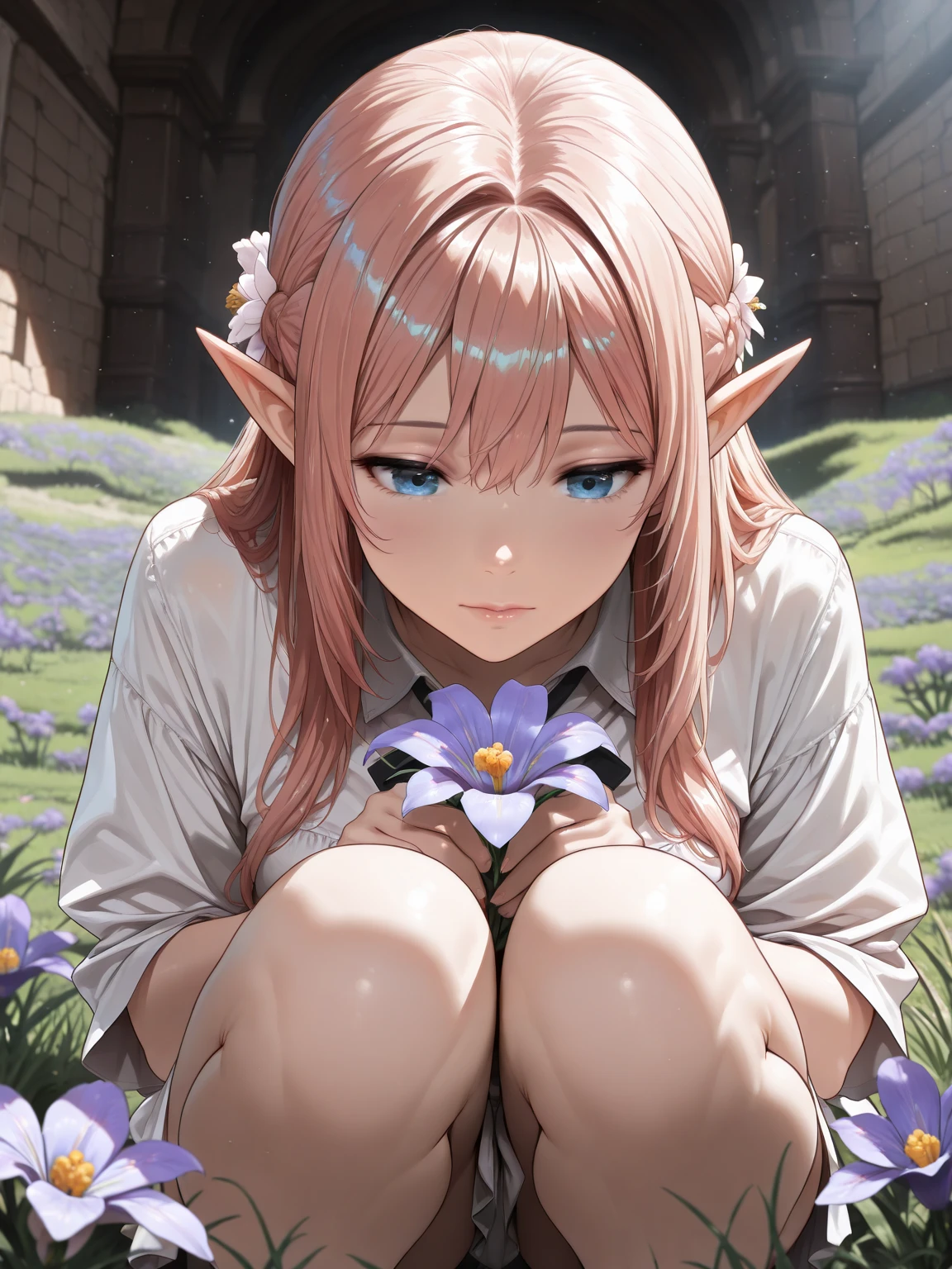cinematic, (masterpiece), (best quality), (ultra-detailed), very aesthetic, illustration, realistic illustration, perfect composition, intricate details, absurdres, detailed face, (anime, masterpiece, intricate:1.3), (best quality, hires textures, high detail:1.2), (4k),(incredibly detailed:1.4),detailed eyes, iris,realistic shadow,Elf is squirting,squatting, Hiding in the grass,flowers,cowboy shot