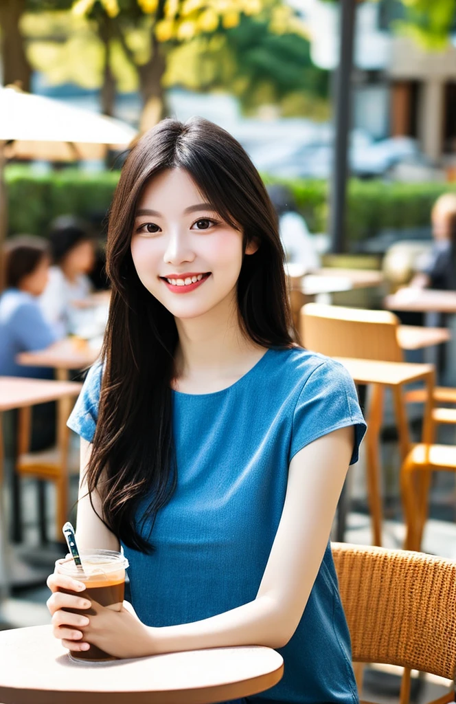 UHD, Extreme close-up of cute Korean female,Chest size 32 inches, ponytail hair, slightly smile, wearing black rolled sleeves t-shirt, in the old restaurant, blurred background