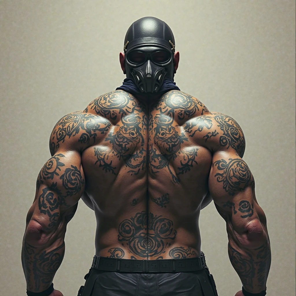 Tattooed white man with tattoo on his arms and chest, muscular black hair in a social cut, wearing a black skull mask. He is wearing jeans with a bare chest