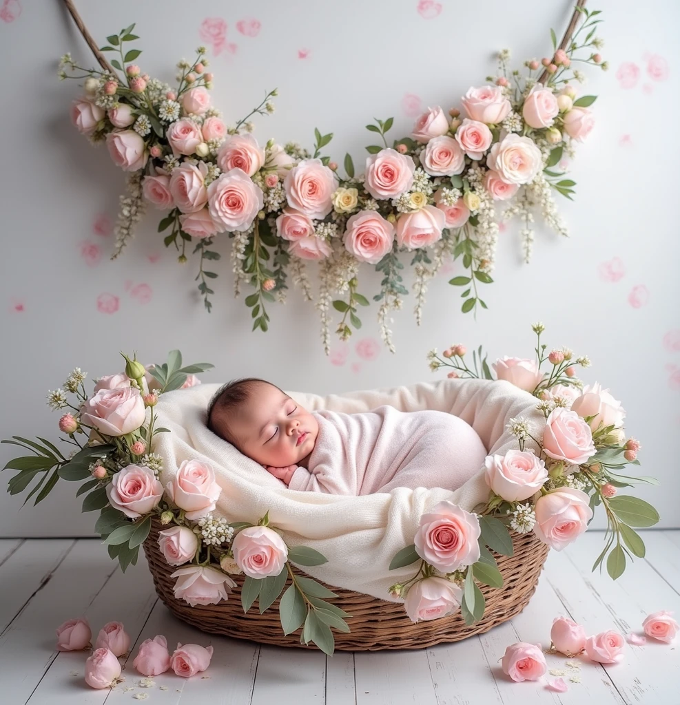 there is a baby sleeping in a basket with flowers and greenery, a digital rendering inspired by Anne Geddes, shutterstock contest winner, art photography, wrapped in flowers, maternal photography 4 k, award winning studio photo, lotus floral crown girl, dreamy and detailed, photo of a beautiful, wrapped in cables and flowers, wrapped in flowers and wired, olivia, water riflaction in ground .