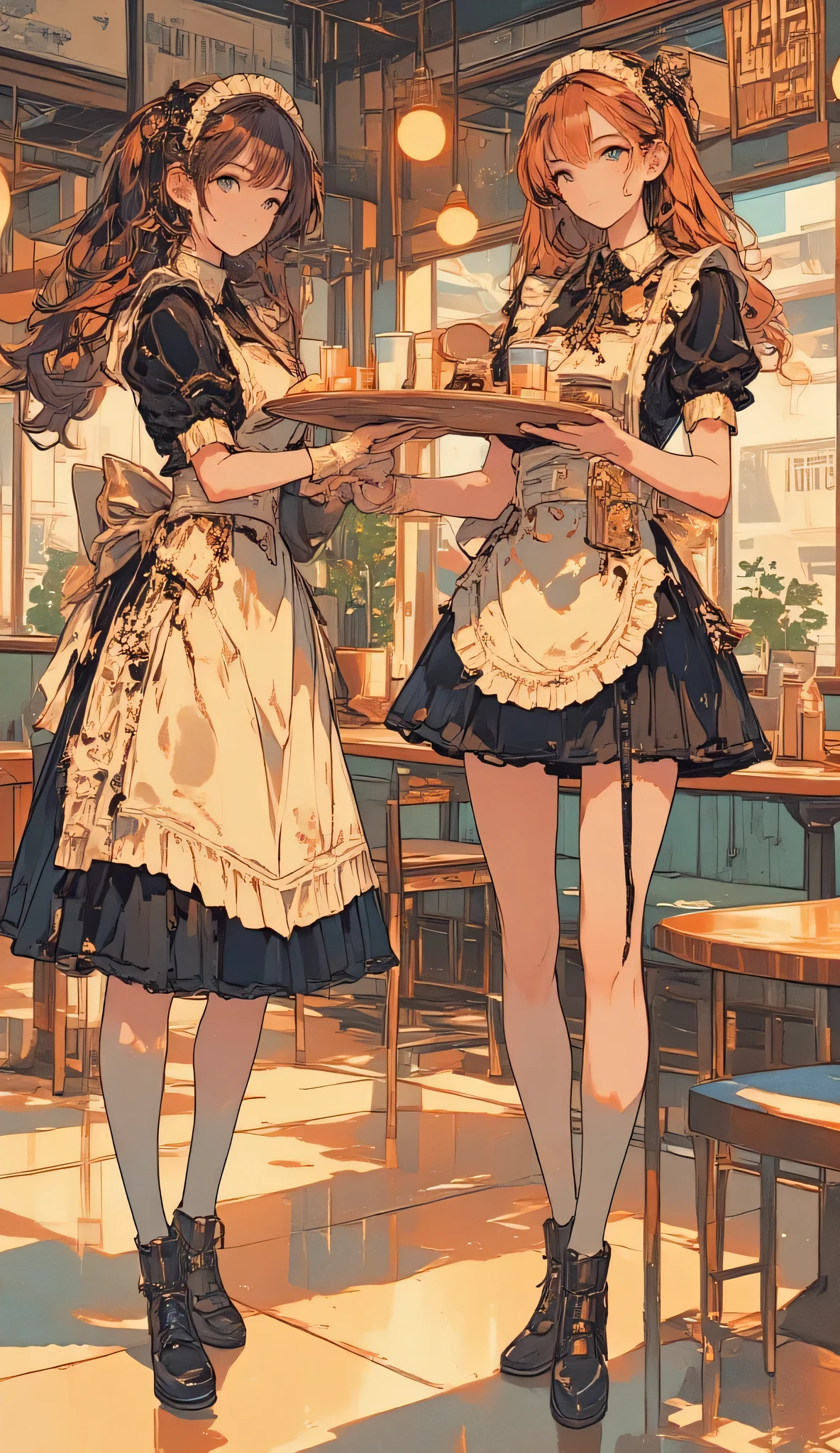 High resolution, high quality, two young maid girls, both wearing French maid style maid outfits, cute girls, slim bodies, one has dark brown hair and the other has reddish brown hair, one is holding a tray with coffee cups, the other is holding a tray with cakes, maid cafe with late 80s atmosphere, Showa style maid cafe, the background is a cafe with bright tables and sofas, background blur, saying welcome home master,
