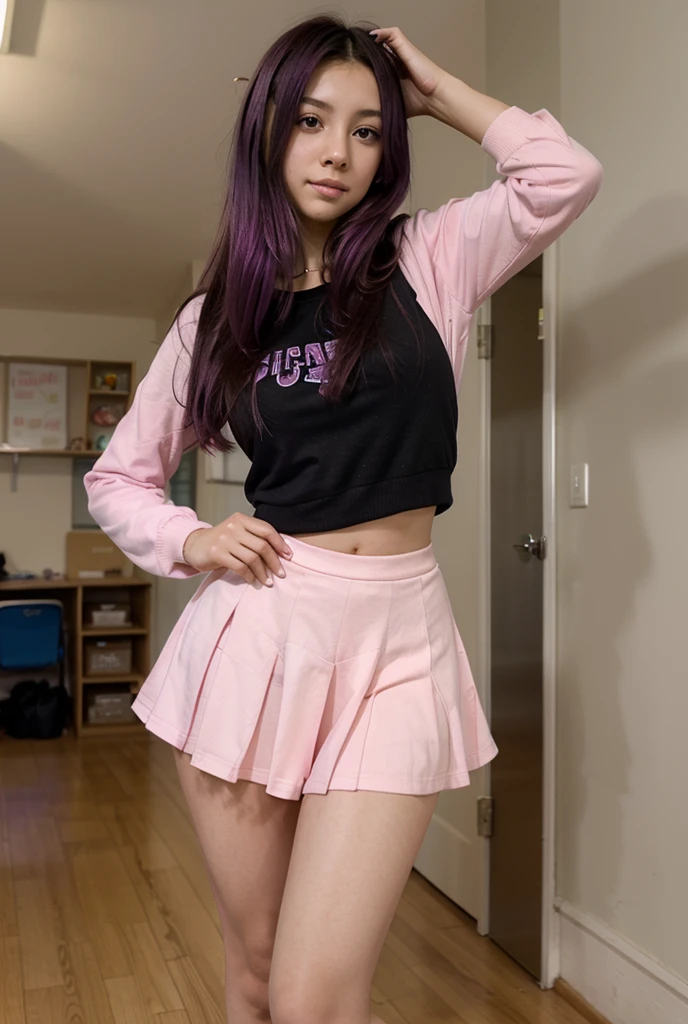 an anime girl with dark purple hair and light purple eyes, dressed in a striking pink and yellow outfit. She wears pink gloves, a pink bow in her hair and a headband with a yellow rabbit. Her shirt is pink with a yellow star on each side and a red heart on the chest.. She wears a black belt under a pink skirt that has multiple layers of lace with a yellow trim.. She is wearing pink stockings and high-heeled boots.. The girl is making a funny gesture with her hands, touching your head with your index and middle fingers, with a funny expression and tongue out. the background is white.