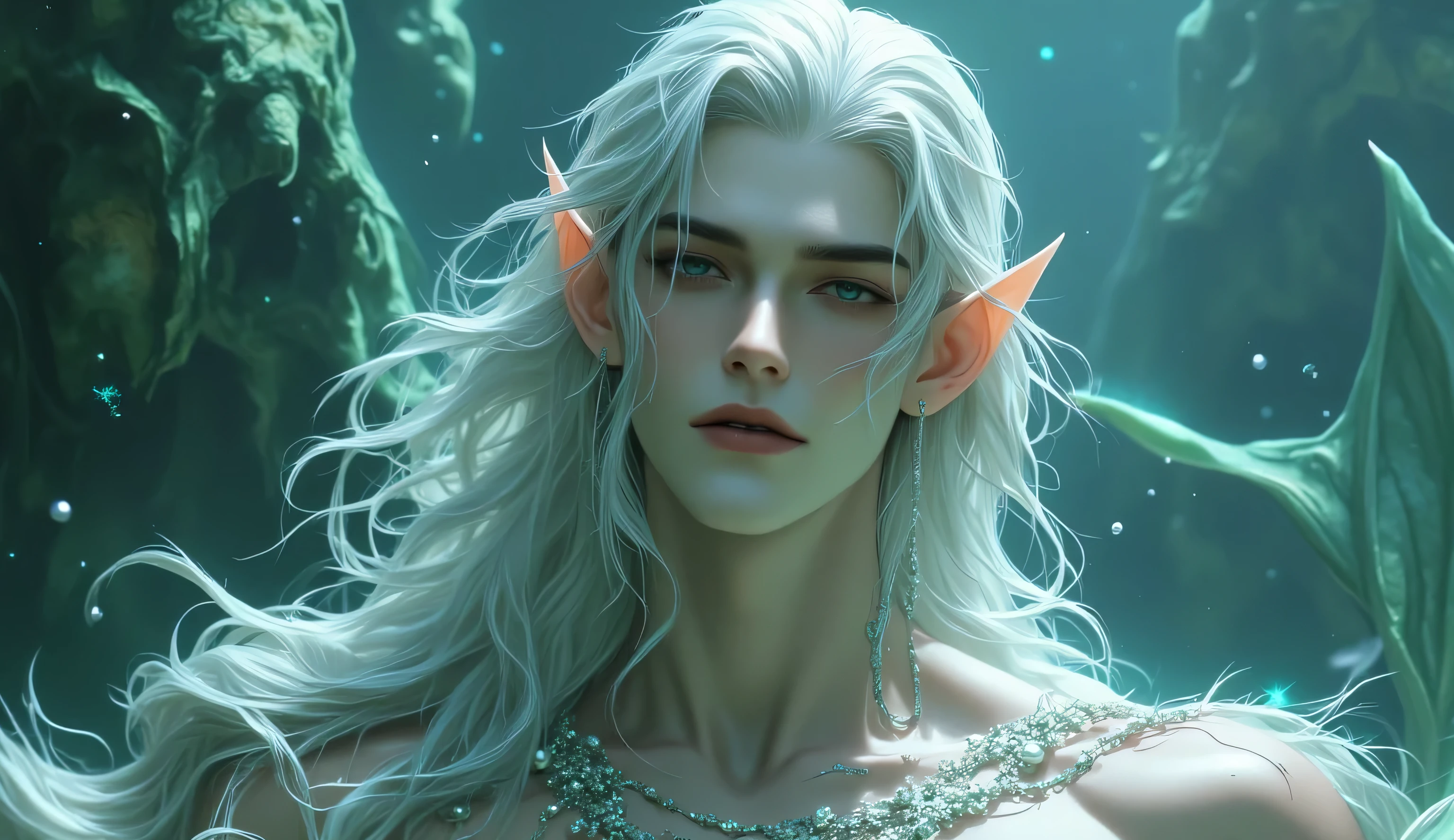 4K ultra-detailed fantasy portrait of a stunning male oceanic elf prince or merman with flowing, silvery white hair, glowing aquamarine accents, and long elegant elf ears adorned with glowing bioluminescent fins. His skin is porcelain smooth and luminescent, with a toned, glistening torso featuring subtle scales. He wears intricate, ornate jewelry crafted from silver, pearls, and shimmering teal gemstones, elegantly wrapped around his neck, arms, and chest. Ethereal underwater lighting dances across his body, highlighting perfect fingers, soft shadows, and god-like facial symmetry. His expression is serene yet powerful, with dreamy eyes and slightly parted lips. His tail is shimmering and iridescent with fine scale detail, merging seamlessly into the oceanic background. Ambient particles, air bubbles, soft glows, and magical effects float around him. Fantasy anime-meets-realism style, Artgerm x Wlop x Sakimichan influence, masterpiece, trending on ArtStation, ultra-sharp, cinematic rendering, ray-traced lighting, breathtaking underwater aesthetic.