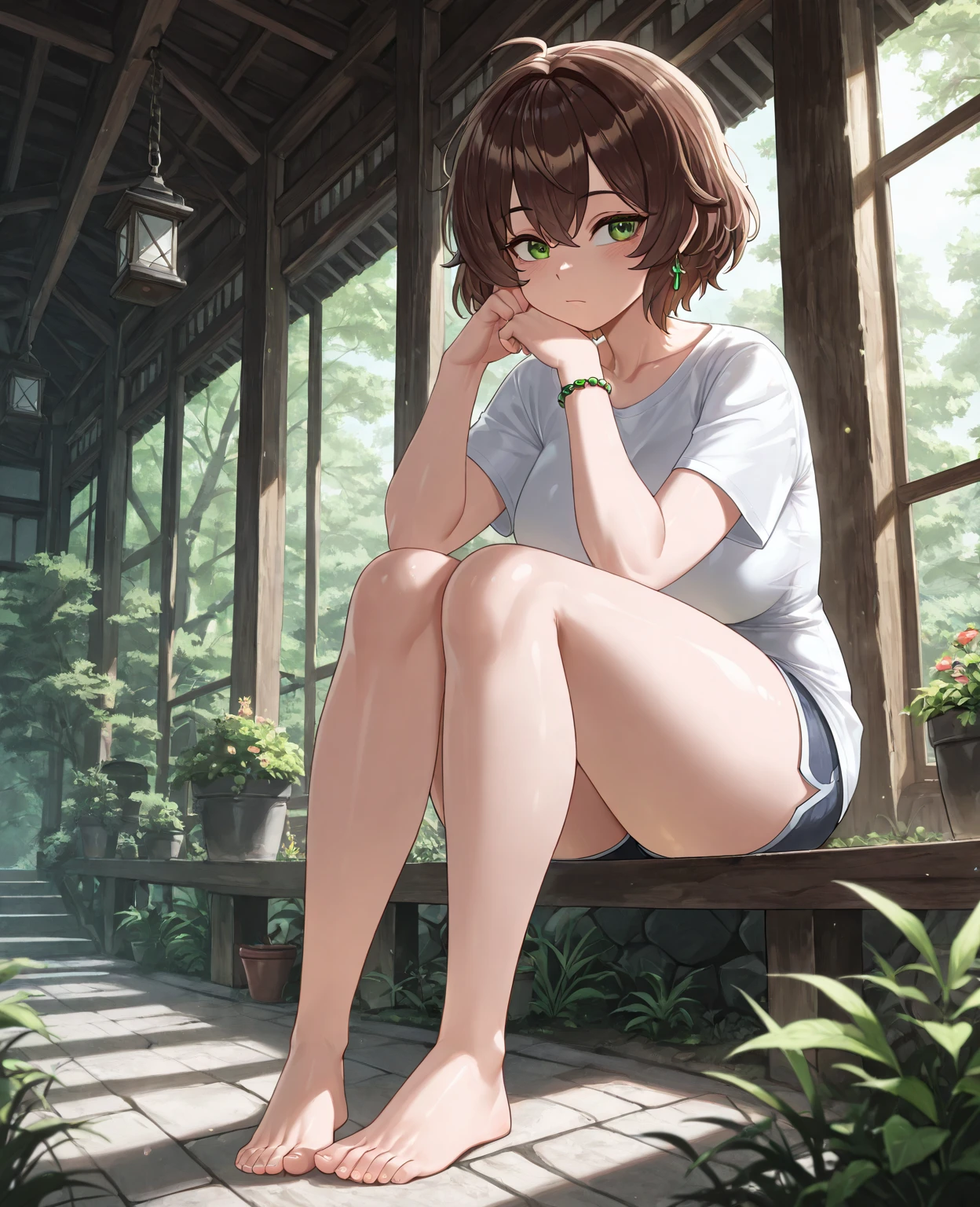 beautiful girl, slender, boyish, very short hair, brown hair, (wear a white long-sleeved T-shirt), (white bikini panties) , Perfect hands, Perfect body, Sitting with one Knee , (bare foot), ((looking away)), relaxing, ((Exquisite detail)), Very finely crafted fingers(((10 fingers))), (Full-body showcase), (Show your whole body), (No logos on background), (No logo), (taken from below),