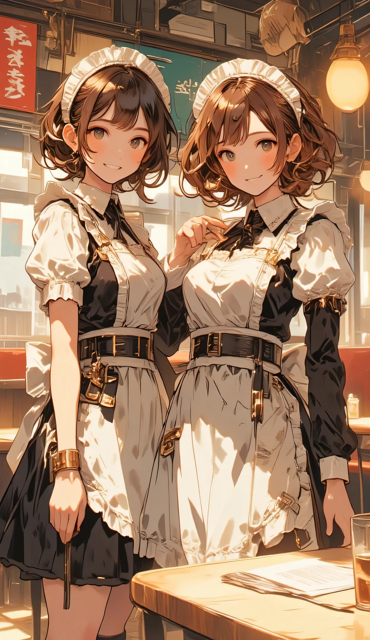 High resolution, high quality, two young maid girls, both wearing French maid style maid outfits, cute girls, slim body, one has dark brown hair and the other has reddish brown hair, maid cafe with late 80s atmosphere, Showa style maid cafe, background is a cafe with bright tables and sofas, background blur, smiling and saying "Welcome home master",