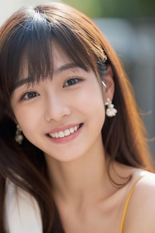 (Raw photo, highest quality) (8K, highest quality, masterpiece: 1.2), Super detailed, super resolution, (realistic, realistic photo: 1.37), amazing details, high detailed beautiful girl, laughing, outside, detailed face, very fine eyes, very fine skin, very small nose, highly detailed mouth, perfect anatomy, beautiful eyes.