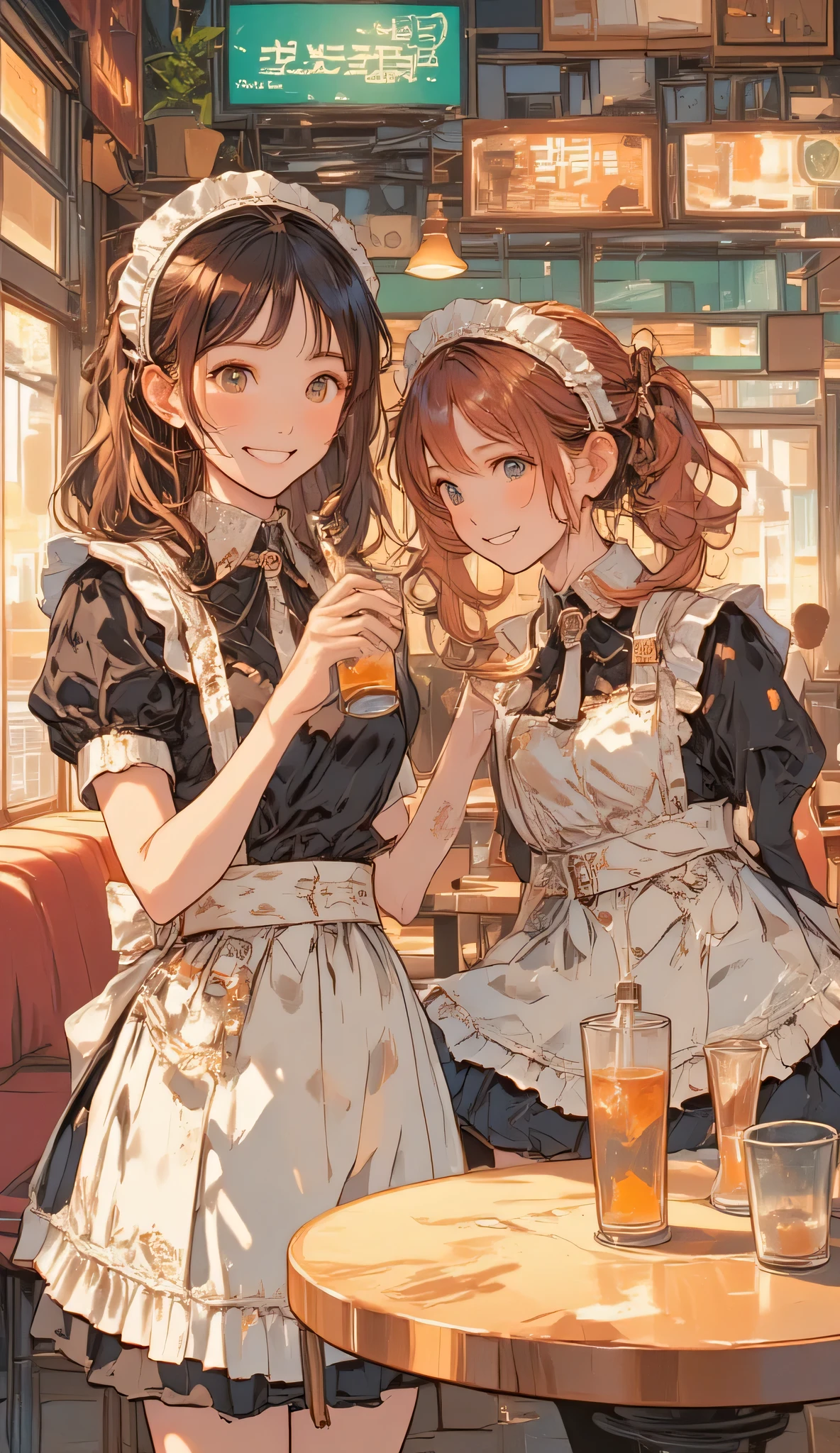 High resolution, high quality, two young maid girls, both wearing French maid style maid outfits, cute girls, slim body, one has dark brown hair and the other has reddish brown hair, maid cafe with late 80s atmosphere, Showa style maid cafe, background is a cafe with bright tables and sofas, background blur, smiling and saying "Welcome home master",