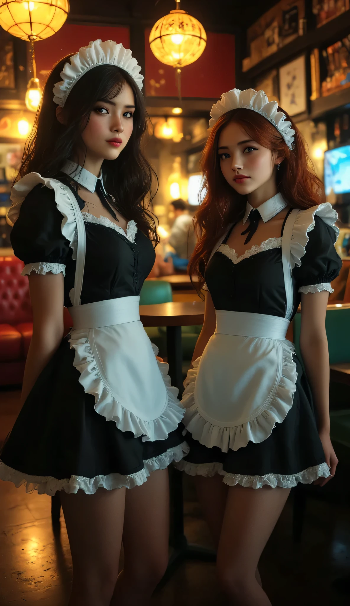 High resolution, high quality, two young maid girls, both wearing French maid style maid outfits, cute girls, slim body, one has dark brown hair and the other has reddish brown hair, maid cafe with late 80s atmosphere, Showa style maid cafe, background is a cafe with bright tables and sofas, background blur, smiling and saying "Welcome home master",
