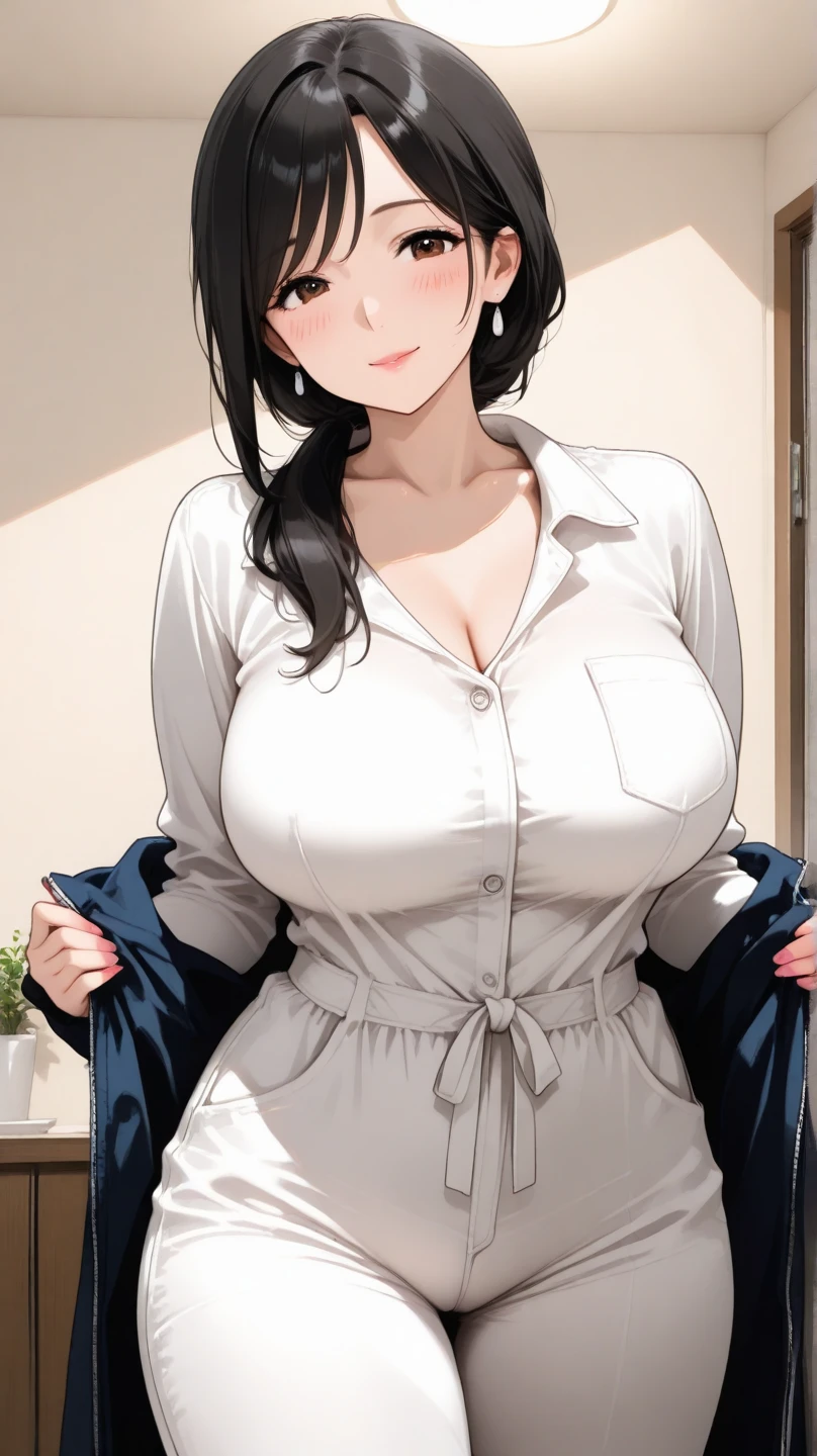 1girl, mature women, realistic skin,perfect ,black hair, long hair, (hair over one eye:1.4), messy hair, hair between eyes,plump, saggy breast, pajama, cute shy blush on , bedroom