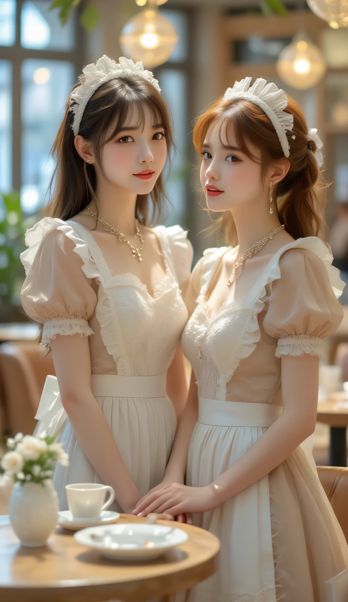 High resolution, high quality, two young maid girls, both wearing French maid style maid outfits, cute girls, slim body, one has dark brown hair and the other has reddish brown hair, maid cafe with late 80s atmosphere, Showa style maid cafe, background is a cafe with bright tables and sofas, background blur, smiling and saying "Welcome home master", (Precise hands and fingers),