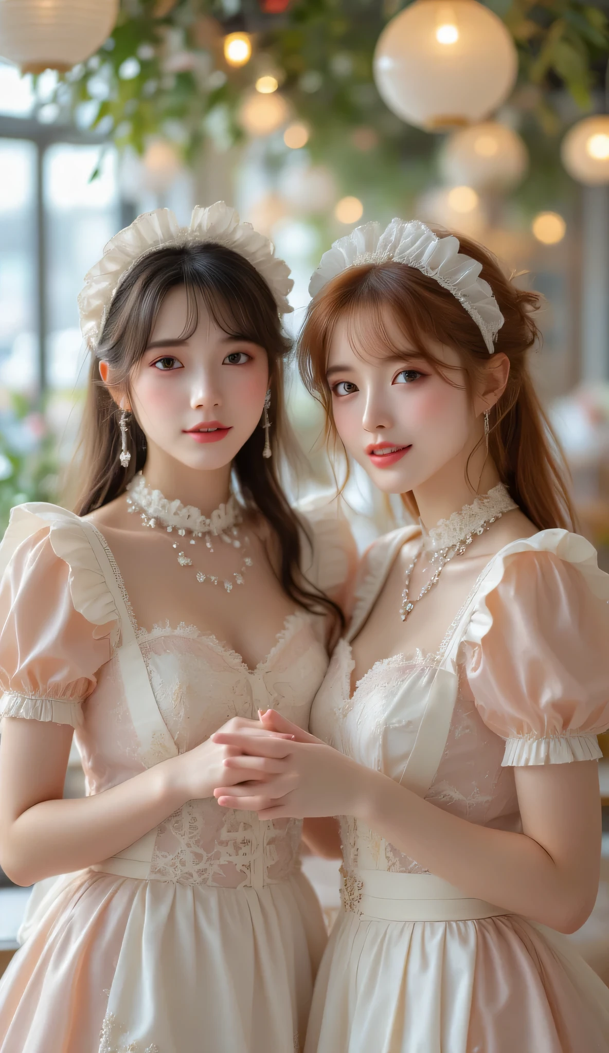 High resolution, high quality, two young maid girls, both wearing French maid style maid outfits, cute girls, slim body, one has dark brown hair and the other has reddish brown hair, maid cafe with late 80s atmosphere, Showa style maid cafe, background is a cafe with bright tables and sofas, background blur, smiling and saying "Welcome home master", (Precise hands and fingers),