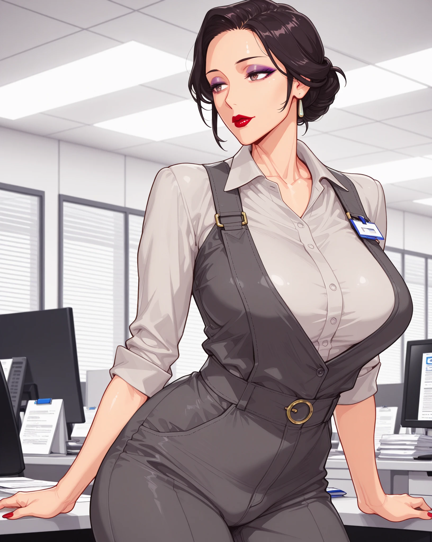 Score_9, score_8_up, score_7_up, score_6_up, score_5_up, score_4_up, source_anime, solo, 1girl, makeup, whore, prostitute, young female, sagging huge breasts, wide hips, thick thighs, BREAK Reiko Akimoto, long hair, shirt, business jacket, huge areolae, areola slip, black areolae, earrings, earrings, long skirt, fishnet thighhighs, walking, sideview, brown eyes, long eyelashes, looking at viewer, pov, indoors, crowded, office, day time, blurry background, window, city lights, covered nipples, bracelet, seductive smile, long fingernails, nail polish, collarbone, head tilt, hairy stomach hair, hairy armpit hair, showing armpit, business atmosphere, neck strapped ID card, document, hentai, sweating, dark hair