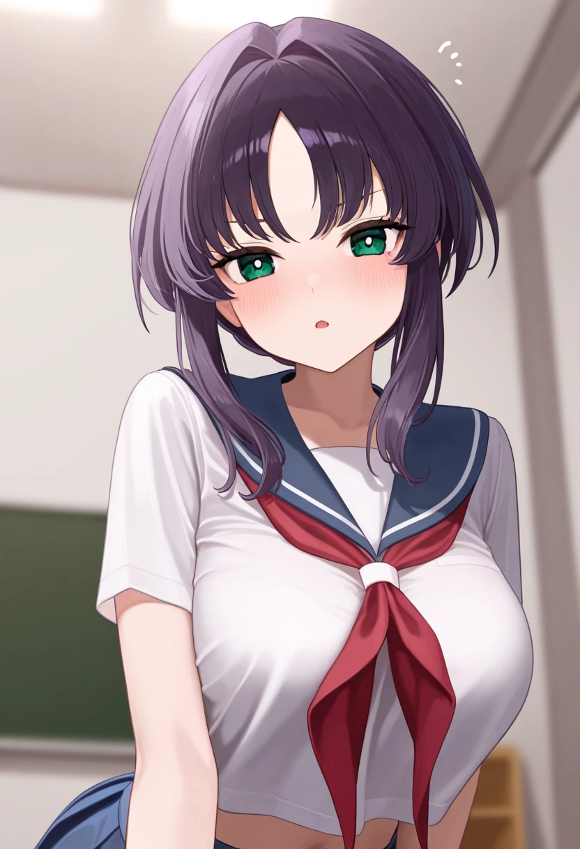 Very detailed CG Unity 8K wallpaper, Cute One lady, Mature Hair、lady ,beautiful lady, pale skin (Super masterpiece, Beautiful person, well detailed face polluted smile, Photorealistic, hyper realisitic), Perfect hands、Five fingers、Perfect hands、Perfect legs、Perfect toes、
((20year old、Sailor suit with very short sleeves、Black Sports Bra、Blue short skirt、Best Bust、(Bust 85cm)、(middle breasts)、
open chest wide、Happiness、Black wristband on wrist、A slender、Shy face、earrings、kneeling,Get closer to your audience、The gesture of pulling up the hair:1.3))、(Crying face:1.5)、
hiquality、visualart、Romance movie style、
(After-school classroom))、cleavage,cleavage cutout、(Sweaty all over:1.5)、
(shinobu miyake:1.5, long hair, bangs, purple hair, (green eyes:1.5))