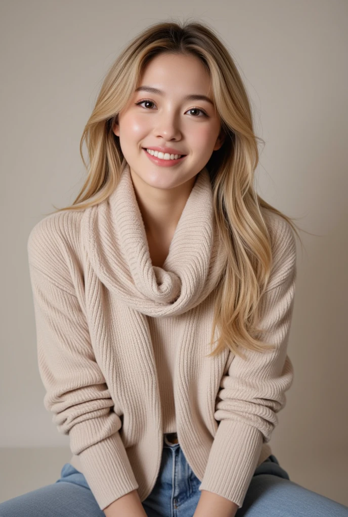 Portrait of a blonde haired model woman wearing a warm designer sweater, In brand clothing style, The sweater is completely visible, Panasonic GH5, Happy expression, A modest image, Sharp Texture - Image #2 @Slenslen