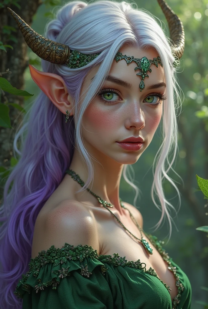 Prismatic coloration. Jungle like environment. A young Plant woman with a Grass green skin tone & a set of B-cup breast. She has short leaf green curly hair stopping at the top of her neck & is wearing a form-fitting Purple & Black bodysuit with a deep neckline, exposing much of her chest area Golden Floral designs & an otherworldly Purple flower wreath on her head. She has Serious gaze in her Starlike Golden eyes & a heavy freckled form. She has long transparent crystal Blue antlers radiating Floral energy & a set of quaint elven ears. She has long golden vine like tattoos, glowing with Celestial red energy running all around her body. She has a small cute nose She is seen in a battle stance summoning verdant green Starlight magic from her fingertips
