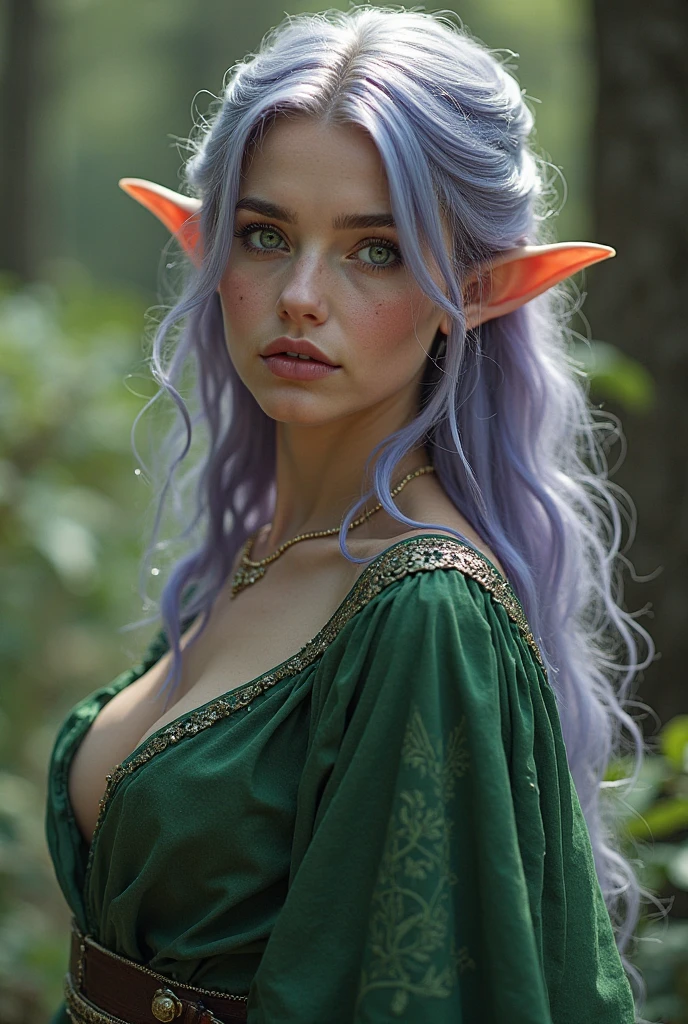 In a panoramic shot, Cinematic, ultra realistic, intricate details, fantasy, epic. In the middle of a lush forest, a city that is a gigantic and ancient tree, is populated by forest beings. An albino warrior with blue hair, barely dressed in multicolored flower petals, is made up for war. She is a mythological leader, she is young, beautiful, with meter-long hair, blue eyes and smooth skin. She is ready to face an attack by mythological beings that are stalking her village. The village is large and camouflaged with the dreamlike environment.