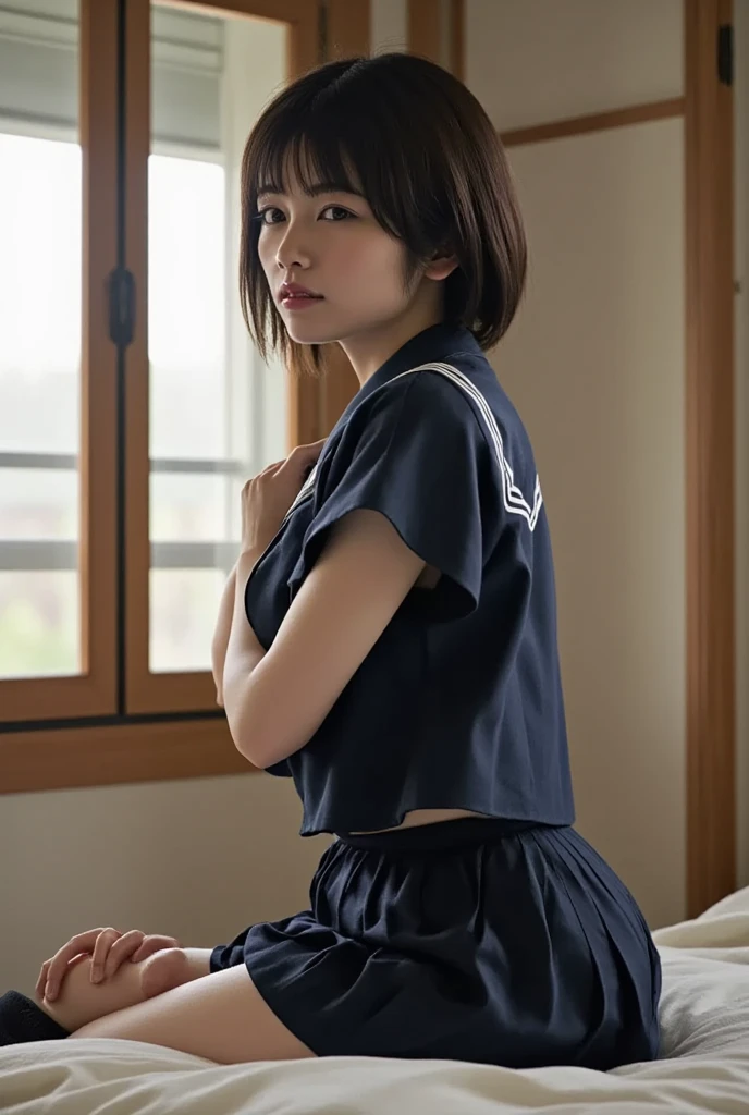 ((NSFW)),((Solo Photo:1.8)),(highest quality:1.3),(RAW Photos,Realistic:1.3),(Apartment interior,Collapse into the futon:1.7,Spread your legs wide:1.6),(Fine skin,Detailed face),((Wearing a white sailor suit:1.7,Lift up your shirt:2.8,Wear a black pleated skirt:1.5)),(cute:1.9,),(12 years old,Japanese schoolgirl:1.8),((blush:1.5)),(Embarrassing:1.6),(In 8K),(Looking at the audience:1.5),((Big Breasts:170.8,:,Big Ass:1.3)),(Bobcut:1.5),Natural light brown hair,(Natural skin texture,Fine skin, Hyperrealism),Troubled face:1.2,Embarrassing:1.3,(Natural and sophisticated vagina),
