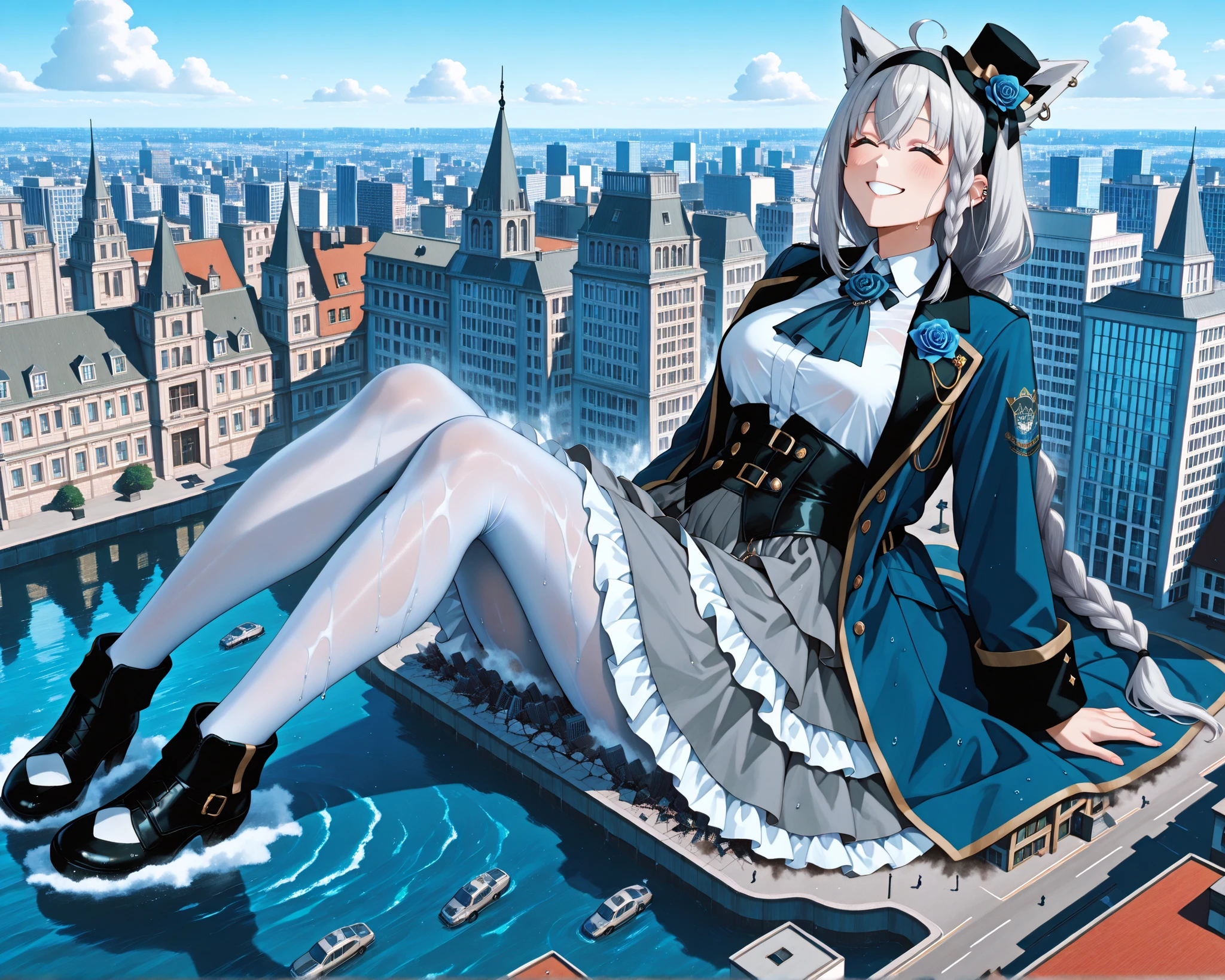 score_9, score_6_up, Source_Anime Break ONE GIRL, solo, Indoor, Chandelier, fubuki_elegant, braided ponytail, blue coat, Blue Ascot , collared shirt, gray skirt, frill skirt, white pantyhose, Clear Ear Cover, mini top hat, Headband, Blue Rose , 灰色の髪, piercings, fox tail, Smile ,155 meter,15500 cm,Outdoors, 背景に建物を配したコルセットのHUGE SHOT、The building in the foreground、 Collapsed City、rubles miniature metropolis、 girl taller than the building 、let's crash the proposal、HUGE SHOT、The building in the foreground、 Collapsed City、rubles, Giant Art、very surreal and very detailed、girl taller than the building、the ground underfoot is cracked。162 kilos tall,,Destruction,Wet, water,walk, let's smash a proposal、let's crash、The building in the foreground、 the ruined city、rubles, Giant Art、very surreal and very detailed big shot with city buildings in the background、girl taller than the building、the ground underfoot is cracked細かいrubles, showing a big girl, facing up 。
